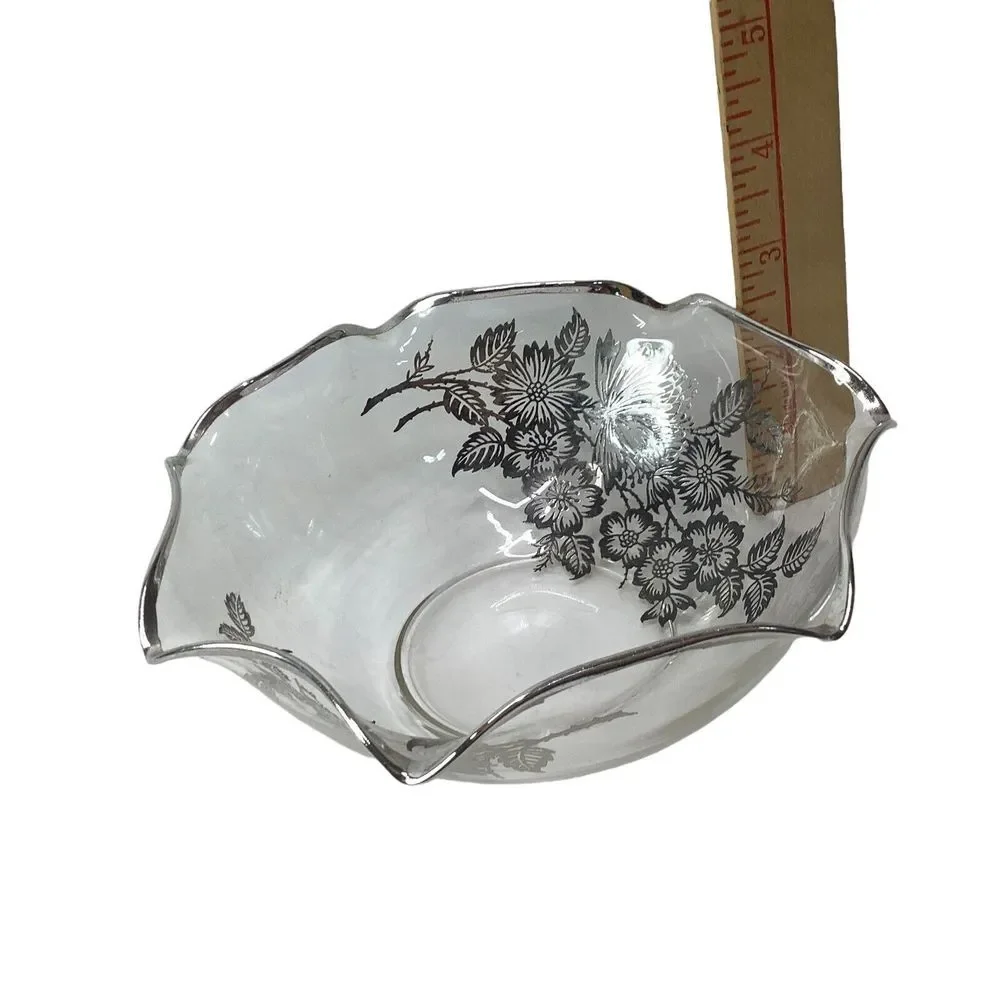 Vintage Silver Overlay Clear Glass Bowl Flowers Scalloped Edge Footed Candy Dish